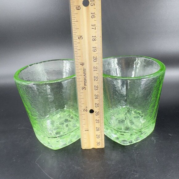 Fire & Light Green Recycled Glass Tumbler On the Rocks Square Signed Set 2 - Picture 8 of 16